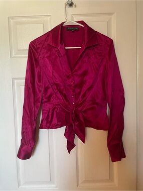 Silk Too Blouse Jones New York Fuchsia Satin Tie-Front sz SP